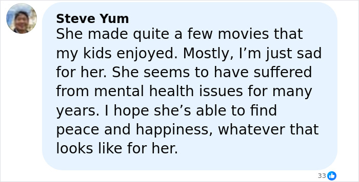 Comment by Steve Yum discussing Amanda Bynes' past movies, mental health struggles, and hopes for her happiness.