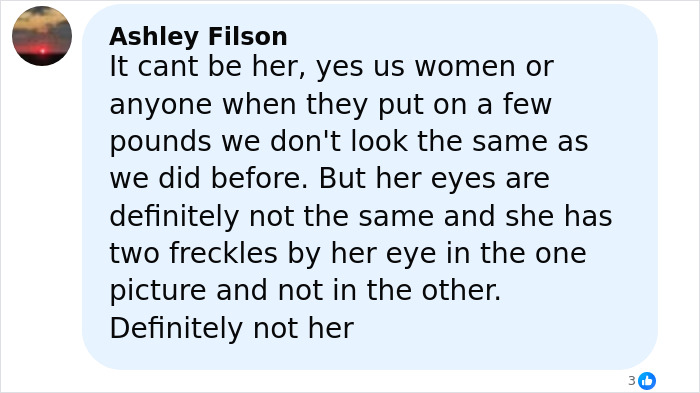 Comment from Ashley Filson doubting the identity, noting differences in eyes and freckles, about Amanda Bynes new look.