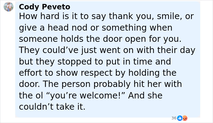 Comment discussing the controversy over saying thank you leading to woman losing life outside pet store.