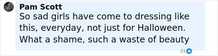 Comment by Pam Scott sharing a critical opinion on everyday dressing and beauty standards related to see-through outfits.