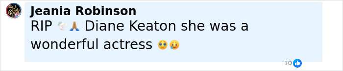 Facebook comment expressing condolences for Diane Keaton, mentioning her health decline and $28M home sale efforts.