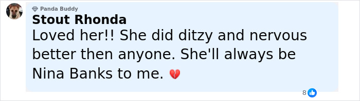 Comment expressing admiration for Rhonda Stout, mentioning her nervous but endearing nature and referencing Nina Banks.