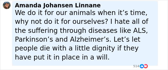 Comment about choosing dignity in suffering, relating to diseases like ALS, Parkinson&rsquo;s, and Alzheimer&rsquo;s, discussing end-of-life wishes.