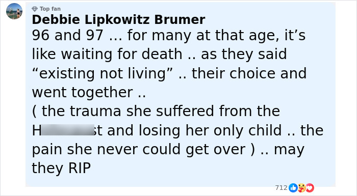 Comment from Debbie Lipkowitz Brumer reflecting on Holocaust survivor Ruth Posner and her husband's decision to end their lives at an advanced age.