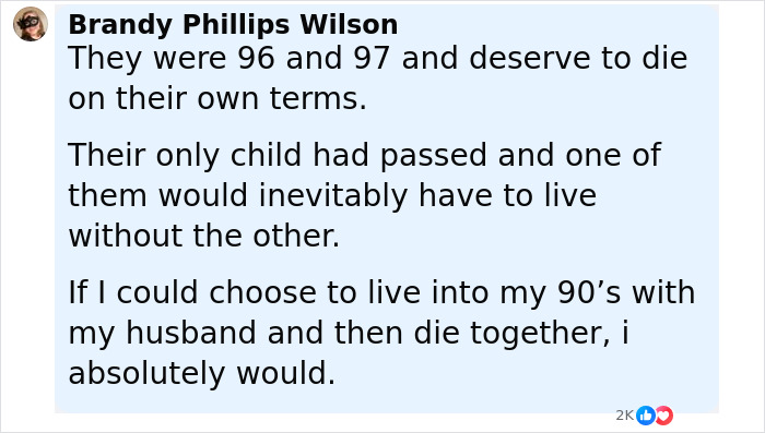 Comment from Brandy Phillips Wilson reflecting on Holocaust survivor Ruth Posner and her husband choosing to die together at an advanced age.