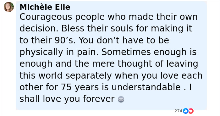 Alt text: Facebook comment reflecting on Holocaust survivor Ruth Posner and husband&rsquo;s decision to end their lives together.