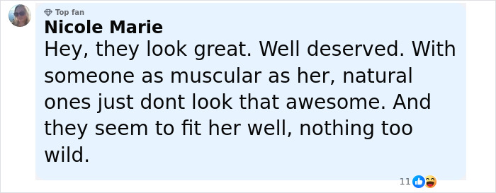 Comment from a top fan discussing opinions related to Simone Biles plastic surgery rumors and appearance.
