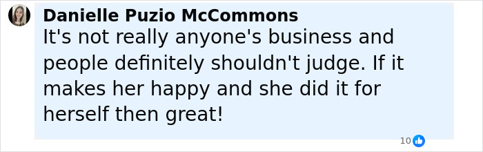 Comment from Danielle Puzio McCommons discussing opinions on Simone Biles plastic surgery rumors.