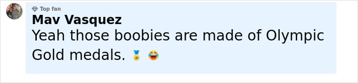 Comment from a top fan Mav Vasquez joking about Simone Biles and plastic surgery rumors during an online discussion.