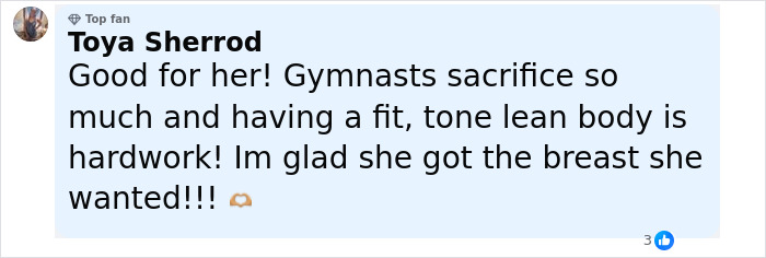 Fan comment praising Simone Biles' fit, toned body amid plastic surgery rumors in a supportive social media post.