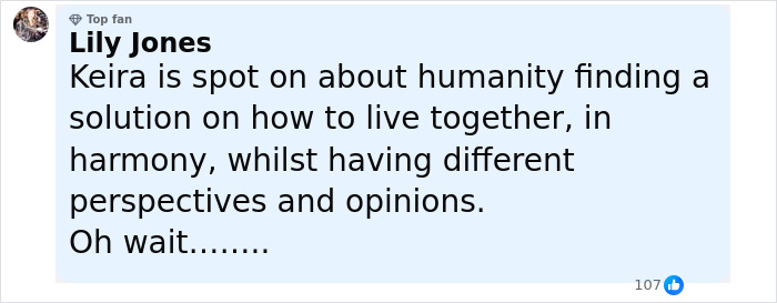 Social media comment discussing Keira Knightley amid backlash over her Harry Potter casting controversy.