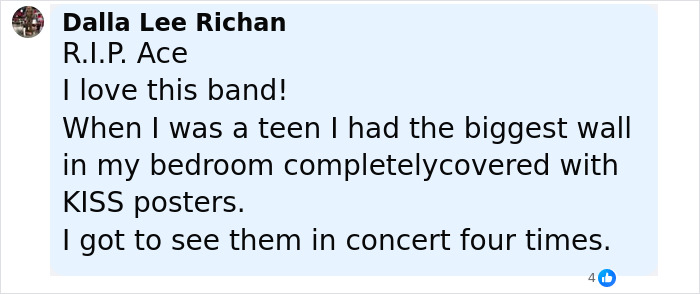 Fan tribute message expressing love for KISS and remembering Ace Frehley after his passing shared on social media.