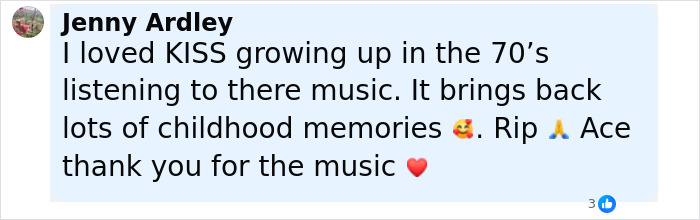 Fan comment expressing grief over Ace Frehley&rsquo;s sudden passing with Gene Simmons and Paul Stanley remembering Kiss bandmate.