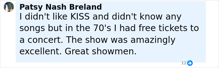 Comment from Patsy Nash Breland expressing appreciation for KISS concert despite initially not liking the band or knowing songs.