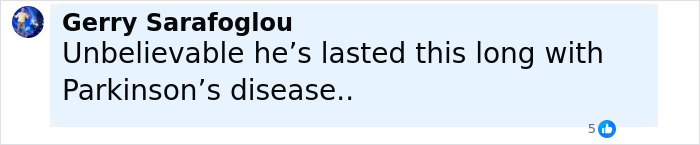 Comment by Gerry Sarafoglou about Michael J. Fox&rsquo;s Parkinson&rsquo;s disease, expressing disbelief at his long battle.