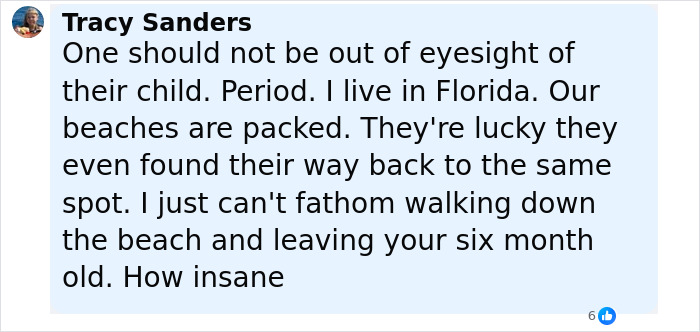 Comment expressing concern about healthcare exec and husband leaving baby alone at the beach out of eyesight Comment expressing concern about healthcare exec and husband leaving baby alone at the beach out of eyesight