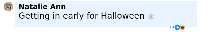 Screenshot of a Facebook comment by Natalie Ann saying Getting in early for Halloween with a ghost emoji.
