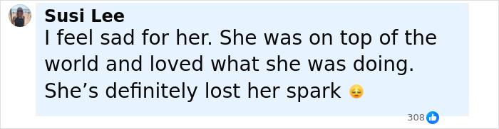 User comment expressing sadness about Britney Spears losing her spark amid brain damage confession.