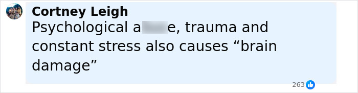Comment on social media about psychological abuse, trauma, and stress causing brain damage with user profile image and reactions.