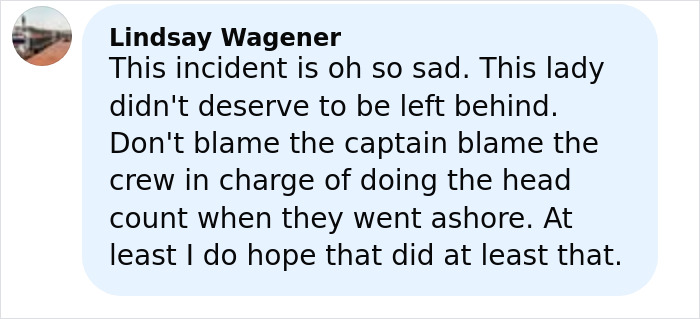 Comment expressing sadness about elderly woman left stranded on a remote island by a cruise ship crew error.