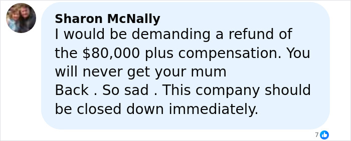 Comment from Sharon McNally demanding refund and compensation after elderly woman was left stranded on a remote island by a cruise ship.