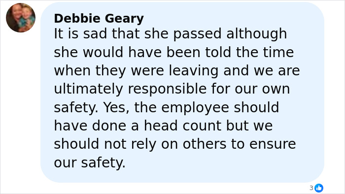 Comment from Debbie Geary expressing thoughts on safety responsibility after elderly woman stranded on remote island by cruise ship.