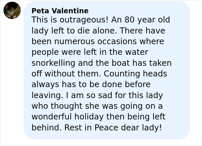 Comment expressing outrage over elderly woman stranded on a remote island by a cruise ship, highlighting safety concerns.