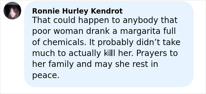 Comment mentioning a mom harmed by a restaurant's mistake involving a chemically contaminated drink, expressing condolences.