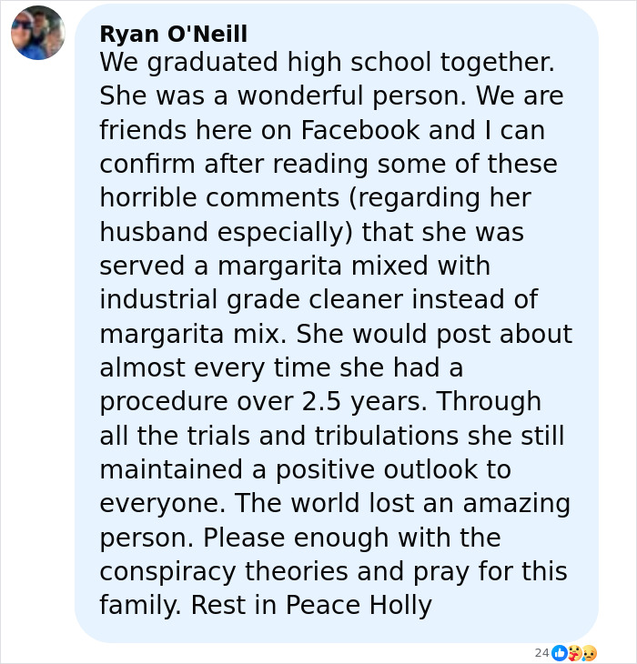 Alt text: Facebook comment revealing mom&rsquo;s tragic death after restaurant&rsquo;s deadly drink mistake involving industrial cleaner.