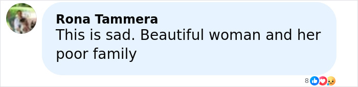 Comment by Rona Tammera expressing sadness about a mom, 30, who passed away after a restaurant's mistaken drink incident.