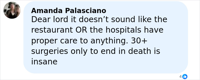 Facebook comment discussing concerns over a mom, 30, passing away after a restaurant's drink mistake.