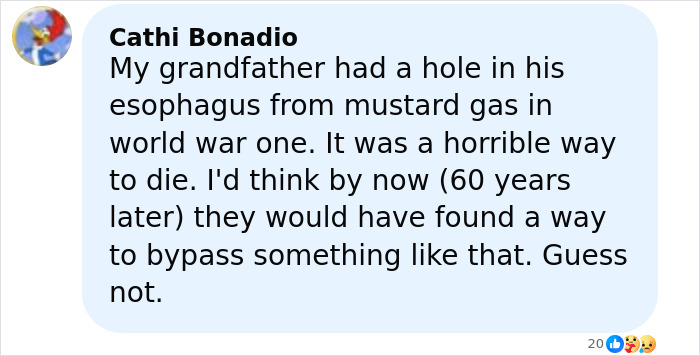 Comment about mustard gas injury shared on social media, related to a mom passing after restaurant&rsquo;s brutal mistake.
