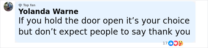 Comment from Yolanda Warne about holding doors and people not saying thank you, displayed in a social media post.