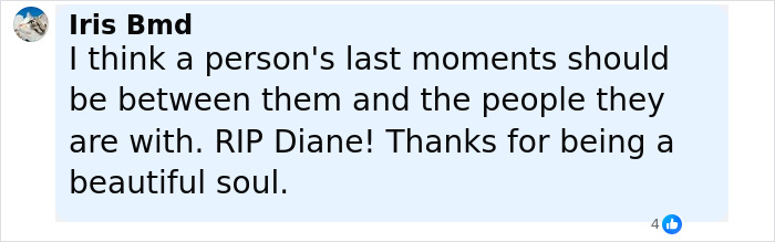 Comment expressing condolences for Diane Keaton&rsquo;s last moments, highlighting appreciation for her soul and RIP message.