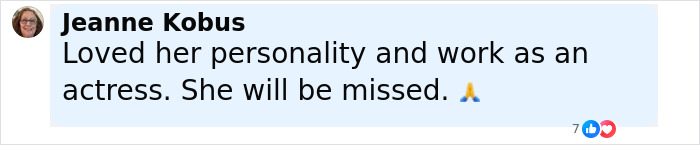 Comment expressing love for Diane Keaton&rsquo;s personality and work, mentioning she will be missed with a praying hands emoji.