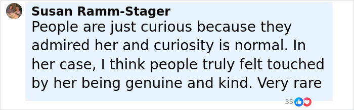 Comment by Susan Ramm-Stager about public curiosity and admiration for Diane Keaton&rsquo;s genuine and kind nature.