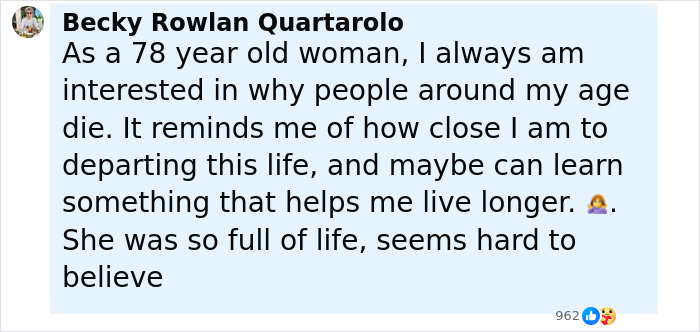 Screenshot of a Facebook comment reflecting on life and death, related to Diane Keaton's last moments and 911 call details.