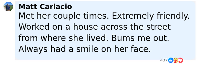 Comment from Matt Carlacio describing Diane Keaton as friendly with a smile, recalling her last moments shared in a 911 call.