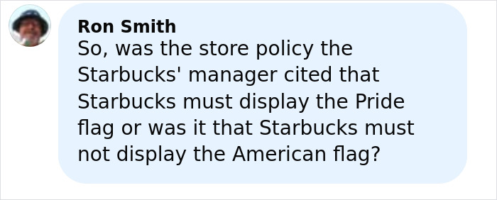 Florida man commenting on Starbucks policy about displaying Pride flag and American flag in a social media post.