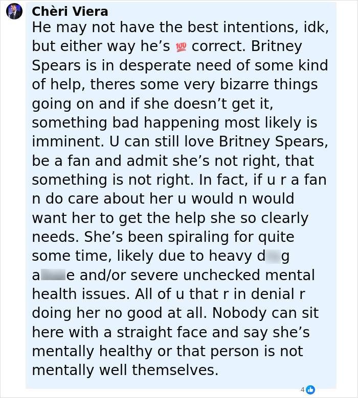 Comment discussing Britney Spears' mental health and Kevin Federline's claim about watching their sons sleep with a knife. Comment discussing Britney Spears' mental health and Kevin Federline's claim about watching their sons sleep with a knife.
