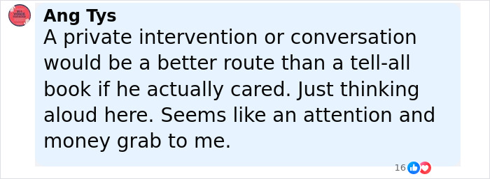 Comment by Ang Tys expressing opinion on attention and money motives in a discussion about Kevin Federline claims. Comment by Ang Tys expressing opinion on attention and money motives in a discussion about Kevin Federline claims.