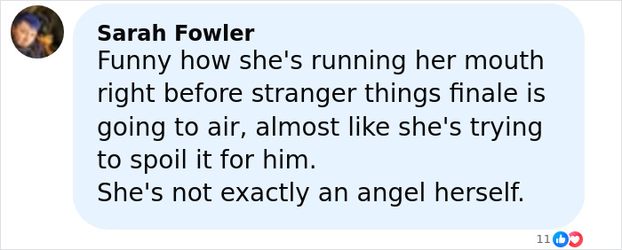 Screenshot of a social media comment discussing Lily Allen and her brutal album about David Harbour, hinting at possible revenge.