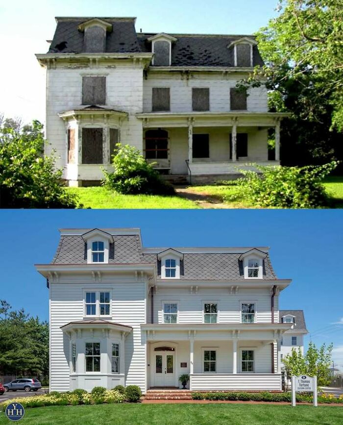 Before and after images showing houses restored to their historical glory with fresh paint and renovated architectural details.