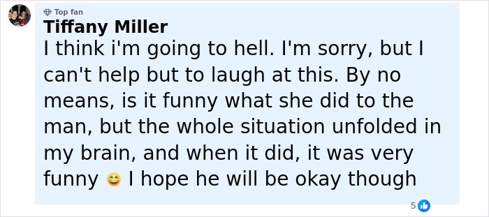 Comment by Tiffany Miller expressing mixed feelings about woman&rsquo;s unhinged act after breaking into boyfriend&rsquo;s home.