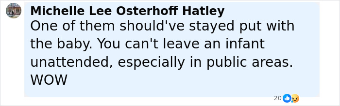 Comment expressing concern over healthcare exec and husband leaving baby unattended alone at the beach for an hour. Comment expressing concern over healthcare exec and husband leaving baby unattended alone at the beach for an hour.