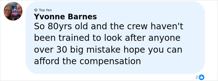 Comment by Yvonne Barnes criticizing cruise ship crew training and mentioning compensation after elderly woman incident on Great Barrier Reef island.
