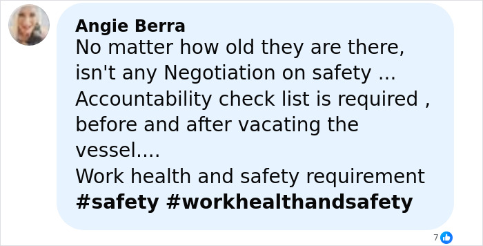 Comment from Angie Berra stressing the importance of safety and accountability in cruise ship evacuations.