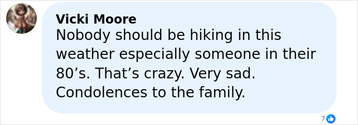 Comment from Vicki Moore expressing concern about elderly hiking in bad weather after elderly woman found deceased on Great Barrier Reef island.