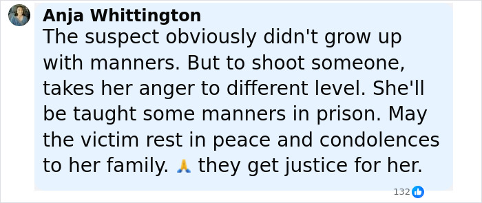 Comment from Anja Whittington on a tragic incident where a woman loses life outside pet store after argument over manners.