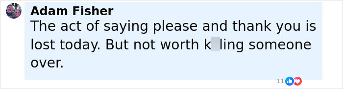 Screenshot of a Facebook comment by Adam Fisher discussing the loss of life outside a pet store after an argument over gratitude.